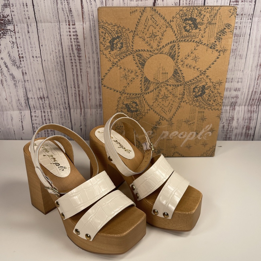 Free People Mallory Sandal Clog Croc Leather Wood Platform White Sz 36 6